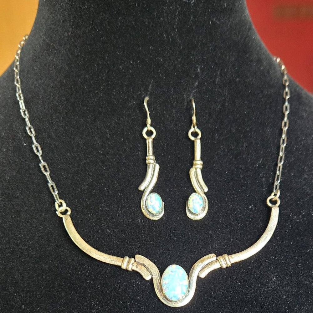 Opal and Sterling Handlebar Necklace (16") and Dangle Earrings